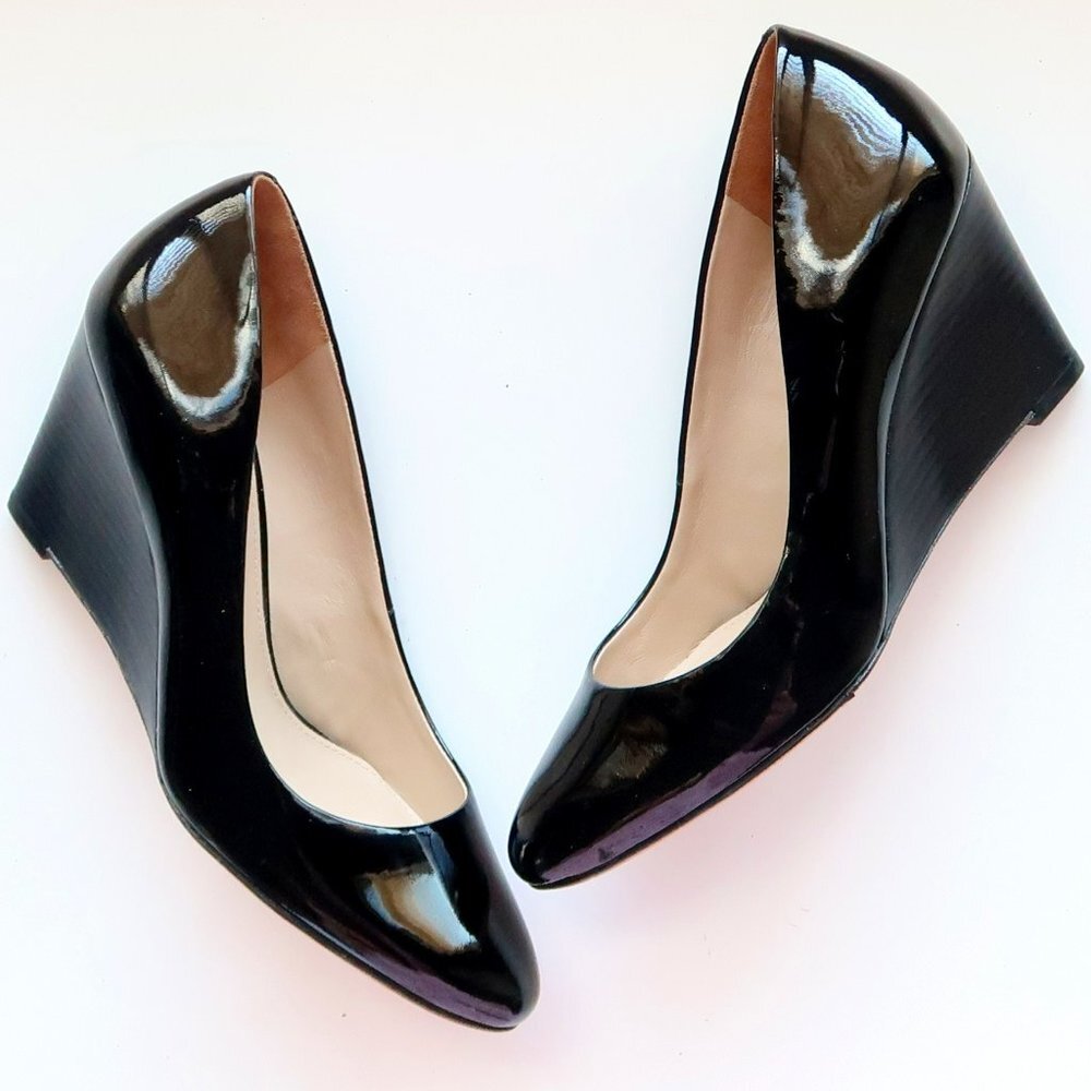 Via Spiga Black Patent Leather Wedge Heel Pumps Slip-on Formal Dress Shoes 6.5